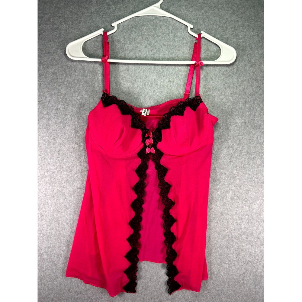 Rampage Babydoll Built In Bra Coquette Womens Medium Hot Pink Lace Bow Detail